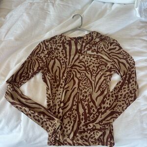 AFRM Mesh Animal Print Crewneck Top in Brown